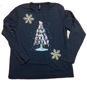 NoraCora Holiday Christmas Tree Cat Print Black Top T-Shirt M Gold snowflakes